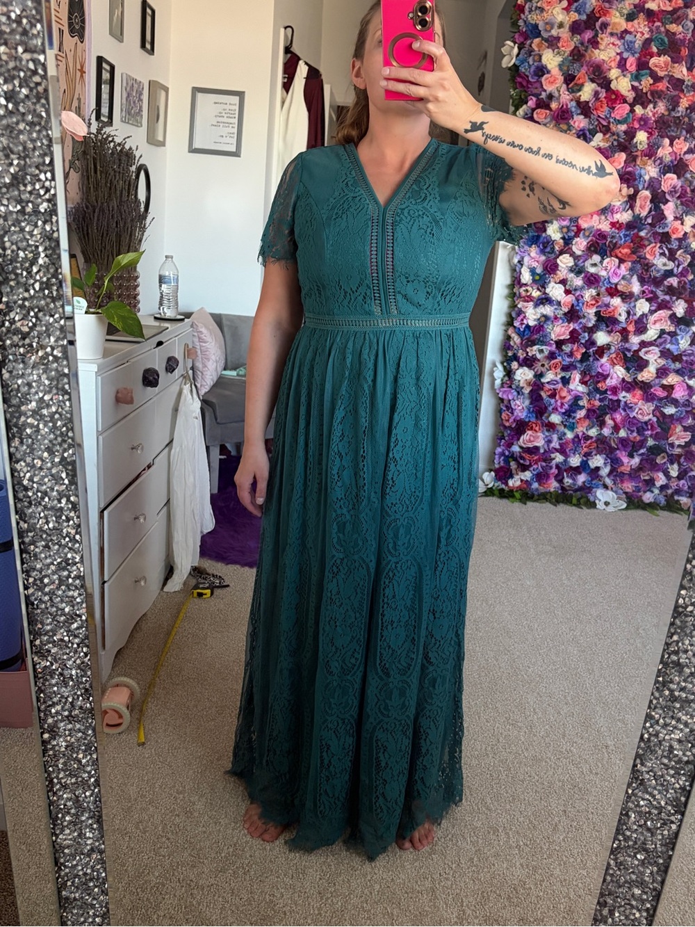 Teal Lace Maxi Dress with V-Neck